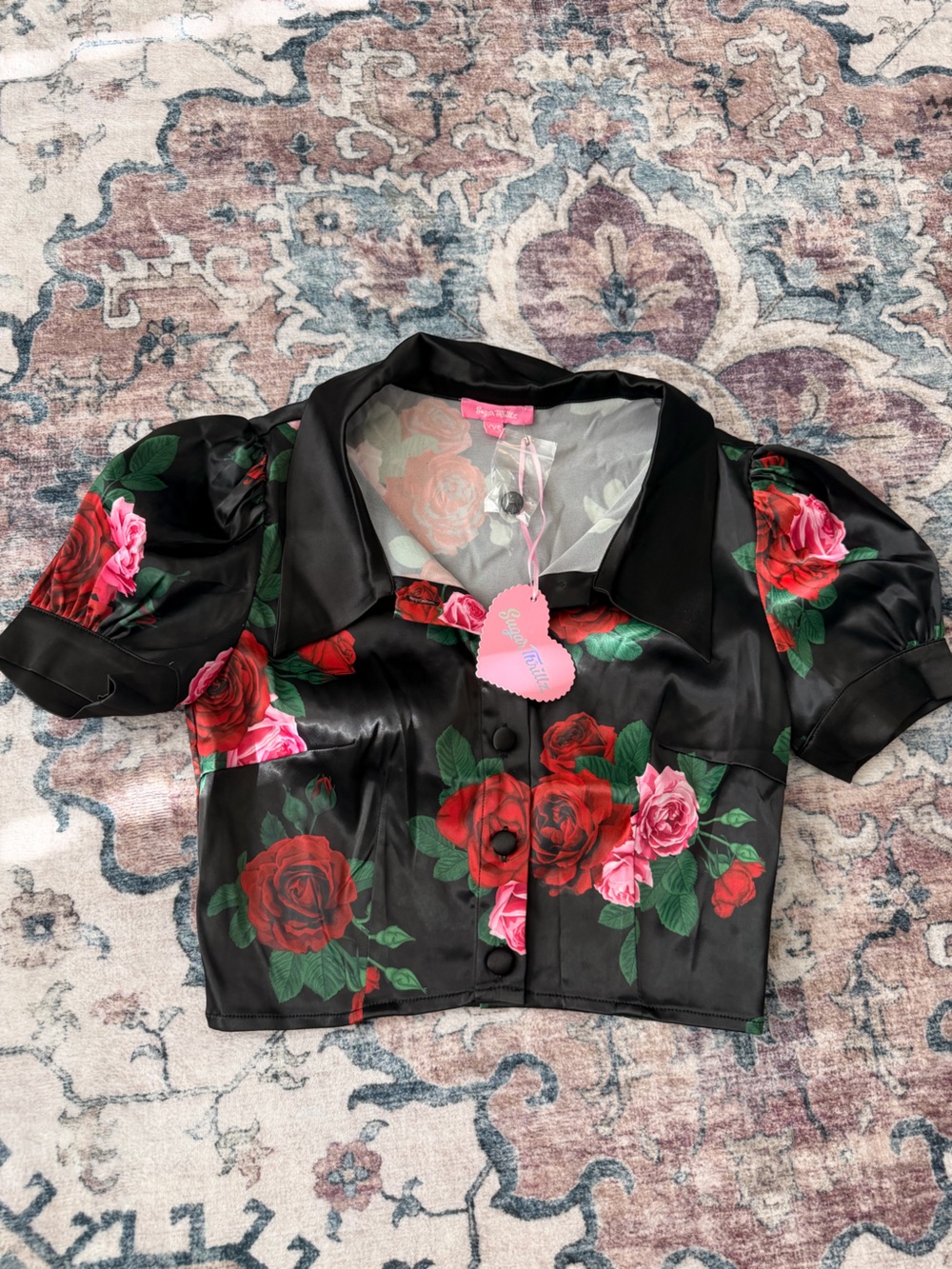 Sugar Thrillz Black Satin Floral Blazer with Red & Pink Roses